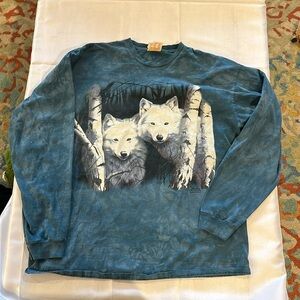 The Mountain 90’s Vintage white wolves wolf long sleeve blue T tee shirt XXL EUC